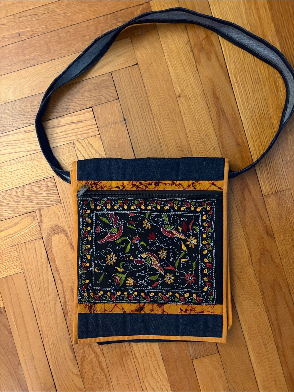 Handcrafted Black Crossbody Bag with Mustard Trim